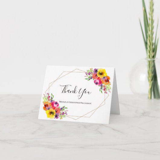 エレガントな幾何学模様の水彩花の写真 ウェディング サンキューカード (正面)