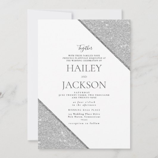 エレガントな幾何学模様の白と銀のグリッター結婚式 招待状 (正面)