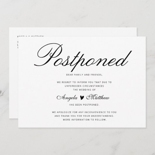 エレガントな延期結婚式カード 招待状 (正面/裏面)