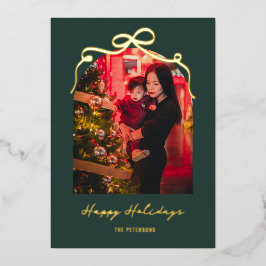 エレガントな弓のアーチ シックなグリーンクリスマス フォト ゴールド 箔シーズンカード