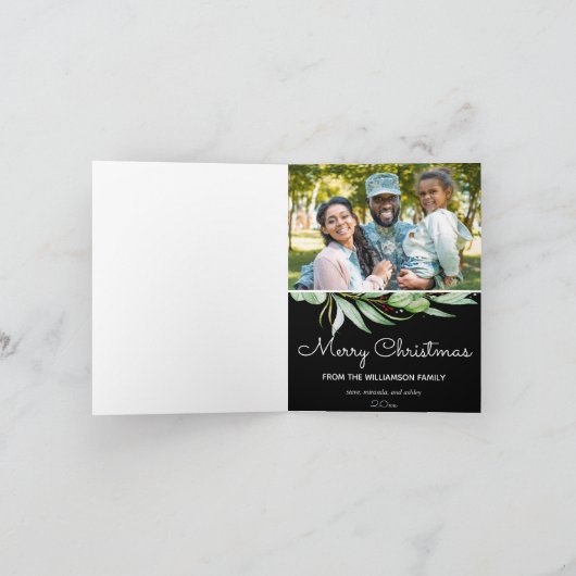 エレガントな心地よい及び喜びの緑の草木の写真のクリスマス シーズンカード (内部)