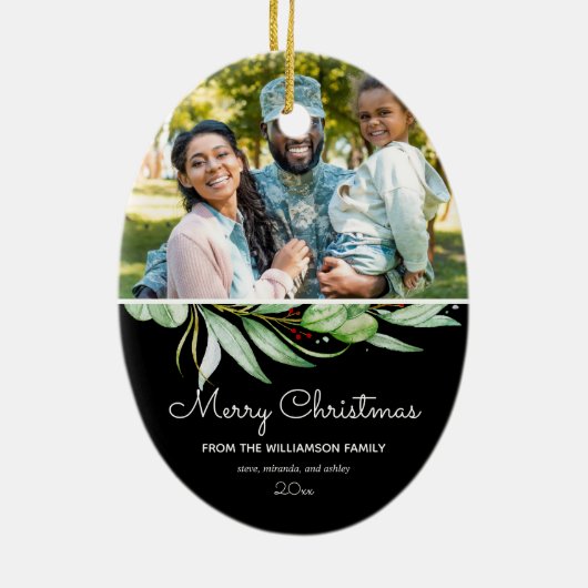 エレガントな心地よい及び喜びの緑の草木の写真のクリスマス セラミックオーナメント (裏面)
