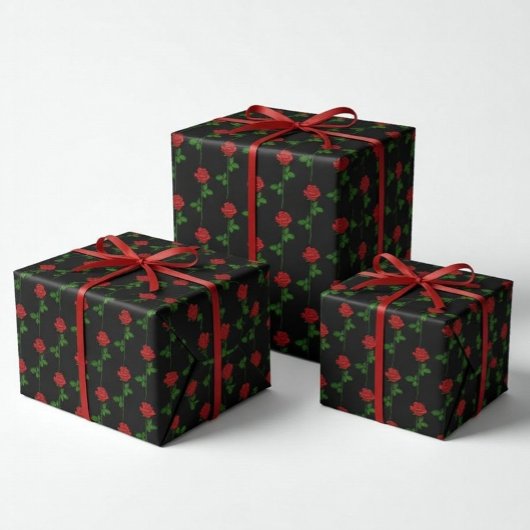 エレガントな手描きのローズ ブラックの包装紙 ラッピングペーパー