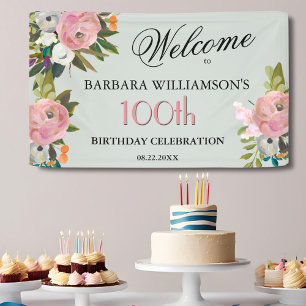 エレガントな手描きの花 100歳の誕生日ウェルカム 横断幕