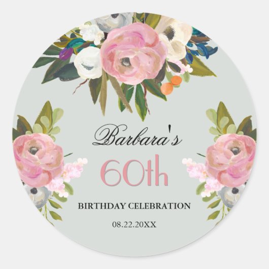 エレガントな手描きの花　60歳の誕生日ウェルカム ラウンドシール (正面)