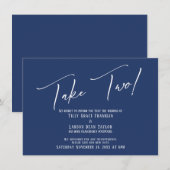 エレガントな手書きウェディング延期ネイビー 招待状 (正面/裏面)