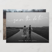 エレガントな手書きスクリプトの白いオーバーレイ写真 セーブザデート (正面/裏面)