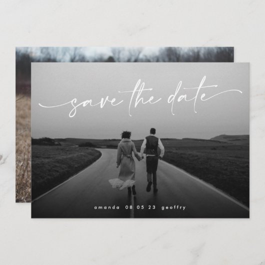 エレガントな手書きスクリプトの白いオーバーレイ写真 セーブザデート (正面/裏面)