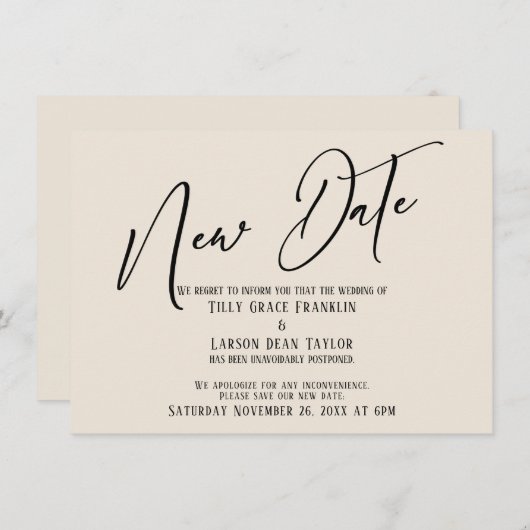 エレガントな手書き 新しい日付 クリーム色の発表 招待状 (正面/裏面)