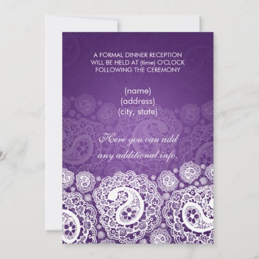 エレガントな披露宴の星のペイズリーのレースの紫色 招待状 (裏面)