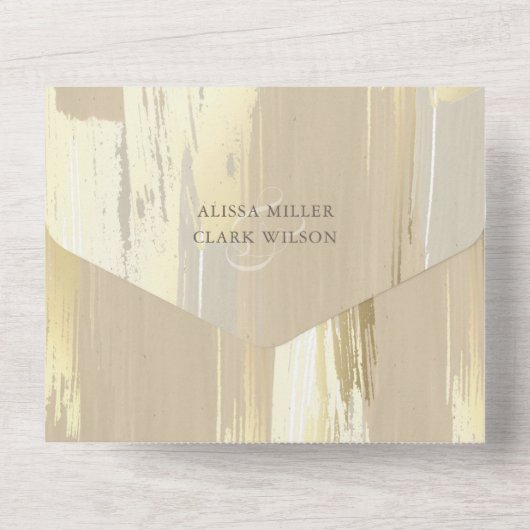 エレガントな抽象的なゴールドとタン ペイント風ウェディング オールインワン招待状 (裏面)