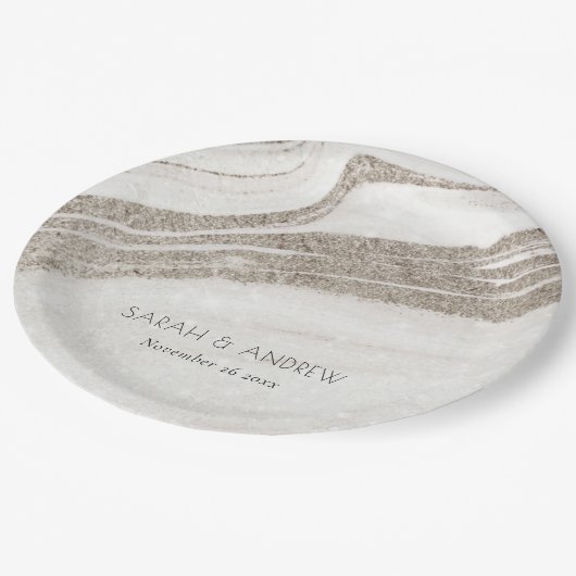 エレガントな抽象的な淡いゴールドの瑪瑙の結婚式 ペーパープレート (アングル)