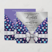 エレガントな招待状のポストカード リボンとハートの斑点 招待状 (正面/裏面)