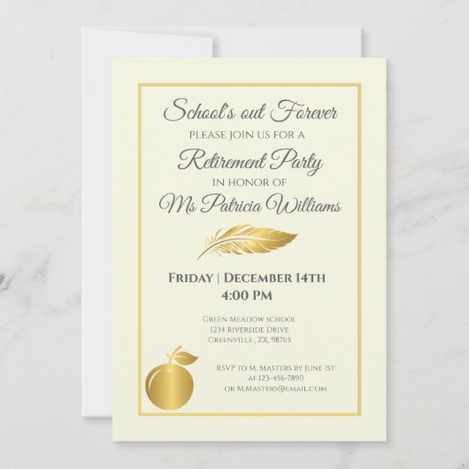 エレガントな教師たちのゴールドパステル引退パーティー 招待状 (正面)