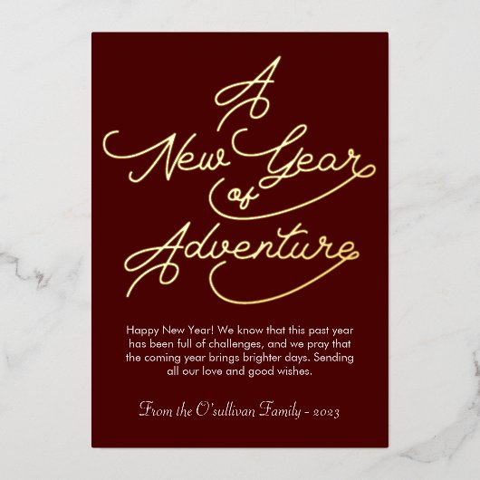 エレガントな新しい年の冒険の写真 箔シーズンカード (正面)