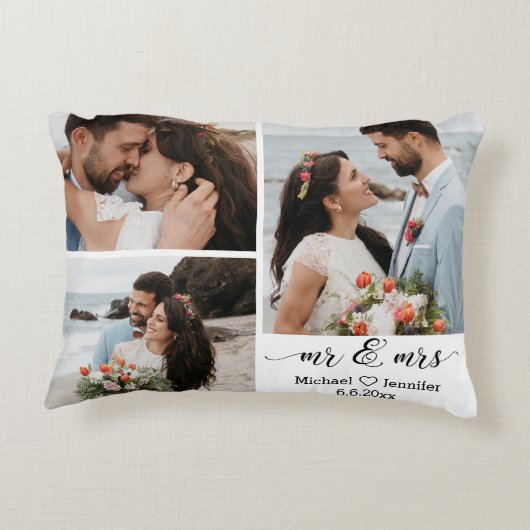 エレガントな新婚夫婦のウェディング 3枚の写真のコラージュ アクセントクッション (裏面)