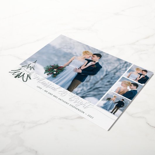エレガントな新婚夫婦のクリスマスカード & ブライト フォト コラージュ 箔シーズンカード (回転した状態)