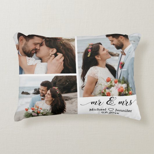 エレガントな新婚夫婦の結婚式 3枚の写真のコラージュ アクセントクッション (正面)