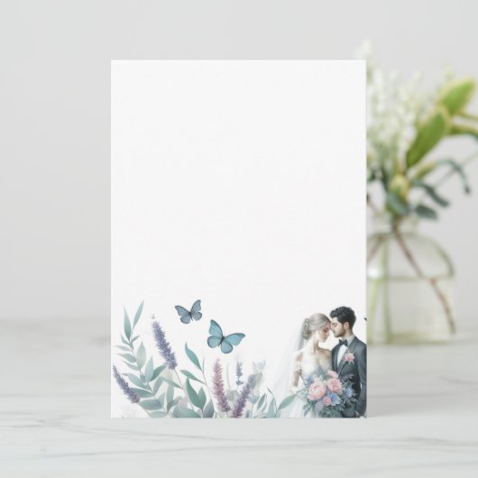 エレガントな新婦と新郎 ラベンダーと蝶 招待状 (スタンド正面)