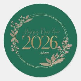エレガントな新年 2026 グリーン＆ゴールド 個人用 ラウンドシール