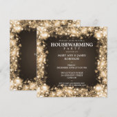 エレガントな新築パーティー ゴールドスパークリングライト 招待状 (正面/裏面)