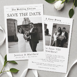 エレガントな新聞のモノクロ写真の結婚式 セーブザデート