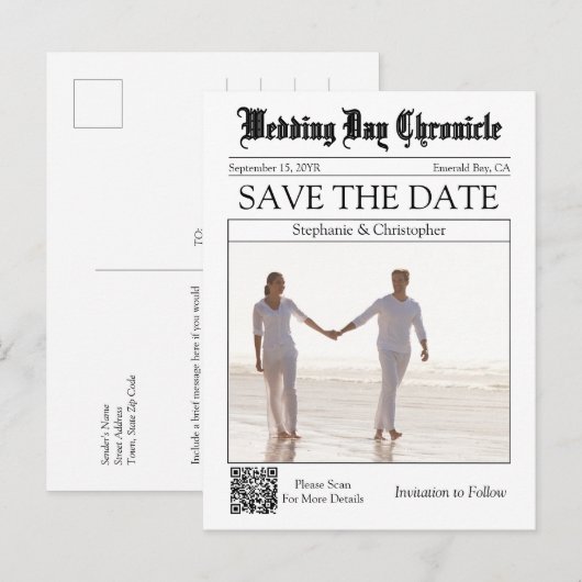 エレガントな新聞の結婚式QRコード 結婚式の日程をお知らせ ポストカード (正面/裏面)