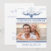 エレガントな新聞風デザインのダスティーブルーのブライダルシャワー招待状 招待状 (正面/裏面)