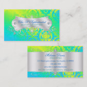 エレガントな日が差すことのダマスク織の渦巻のティール（緑がかった色）の黄色緑 名刺 (正面/裏面)