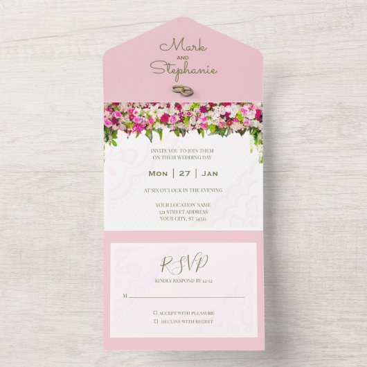 エレガントな明るいピンクの花のウェディング オールインワン招待状 (内側)