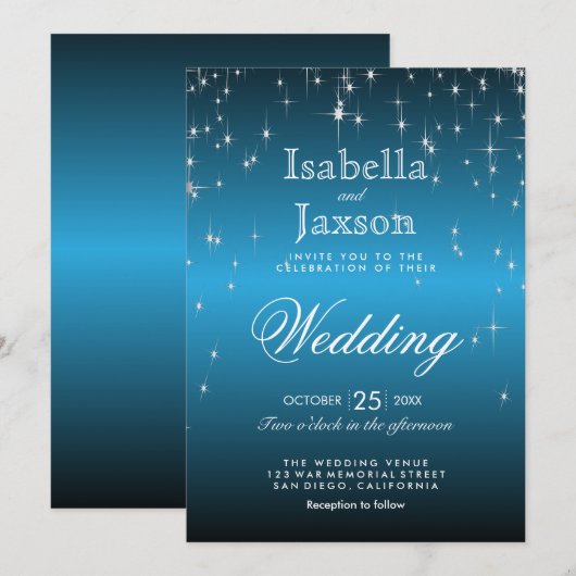 エレガントな星空のスカイブルーウェディング 招待状 (正面/裏面)
