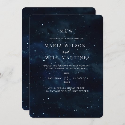 エレガントな星空の夜のウェディング招待状 モダン セーブザデート (正面/裏面)