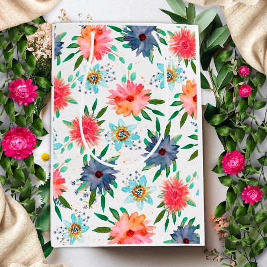 エレガントな春のボヘミアンチック ゴールド フラワーワイルドフラワー ミディアムペーパーバッグ