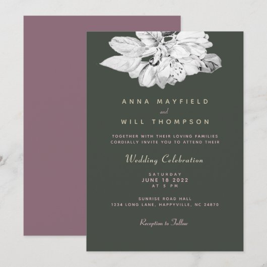 エレガントな春の庭園　ブラック＆ホワイト　アップル　ウェディング 招待状 (正面/裏面)