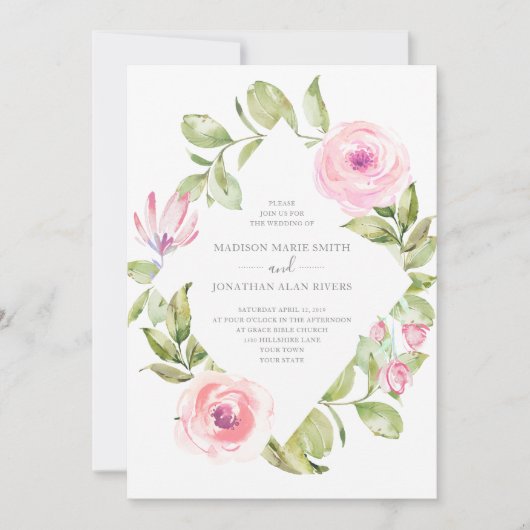 エレガントな春の花のダイヤモンドのピンクの結婚式 招待状 (正面)