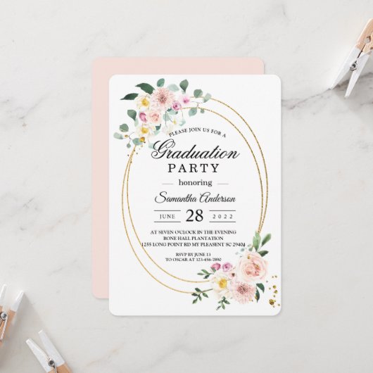 エレガントな春の花の卒業パーティー 招待状 (正面/裏面インサイチュ)