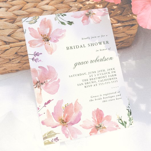 エレガントな春の花の水彩ブライダルシャワー 招待状