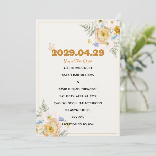 エレガントな春の花の結婚式のSave the Dateカード 招待状 (スタンド正面)