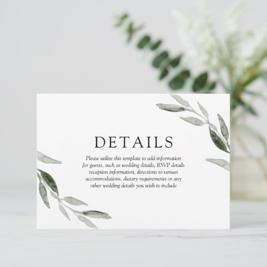 エレガントな春夏のグリーンの葉のウェディング詳細 エンクロージャーカード (スタンド正面)