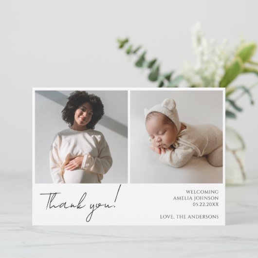 エレガントな書道ミニマル写真ベビーシャワー サンキューカード (スタンド正面)