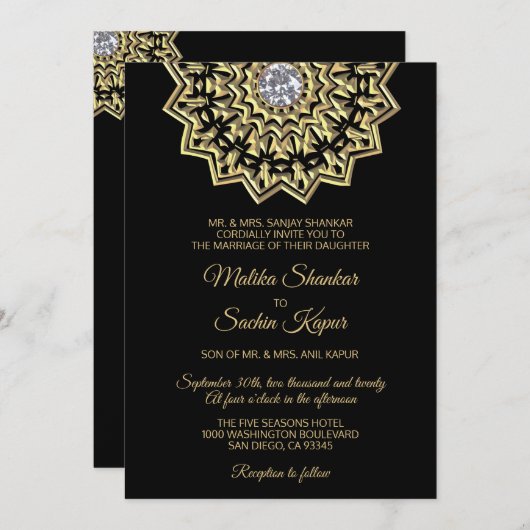 エレガントな曼荼羅の金ゴールドの黒のインドの結婚式 招待状 (正面/裏面)