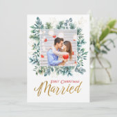 エレガントな最初のクリスマス 結婚した 新婚夫婦 2 枚の写真 シーズンカード (スタンド正面)