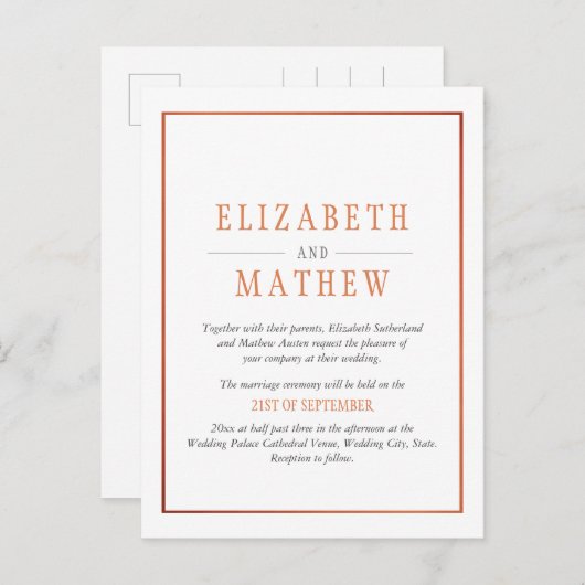 エレガントな最小主義の白いオレンジ銅の結婚式 インビテーションポストカード (正面/裏面)
