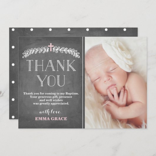 エレガントな月桂樹のピンク|の洗礼の写真は感謝していしています サンキューカード (正面/裏面)