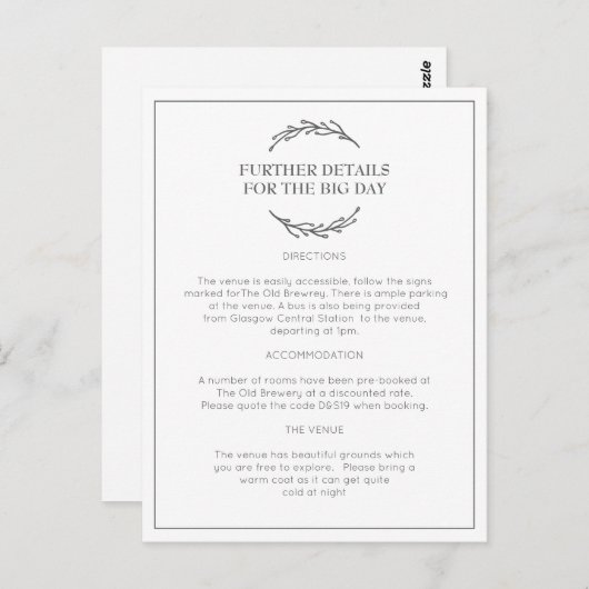 エレガントな月桂樹の葉の結婚式情報郵便はがき ポストカード (正面/裏面)