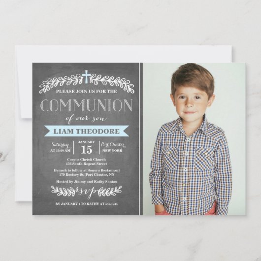 エレガントな月桂樹の青|の聖餐の招待状 招待状 (正面)