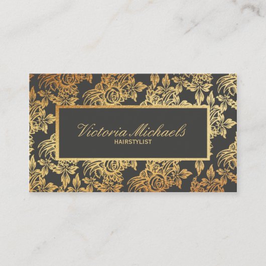 エレガントな木炭および金ゴールドの花の名刺 名刺 (正面)