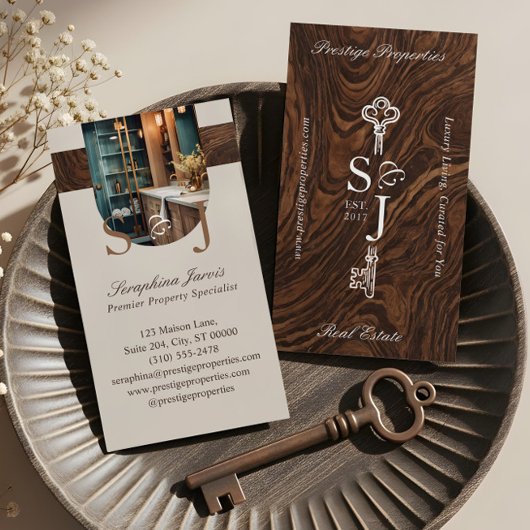 エレガントな木目キー モノグラム スタイリッシュ アーチ フォト 名刺