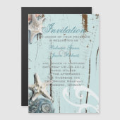 エレガントな木製ブルーシーシェルビーチウェディング マグネット招待状 (正面/裏面)