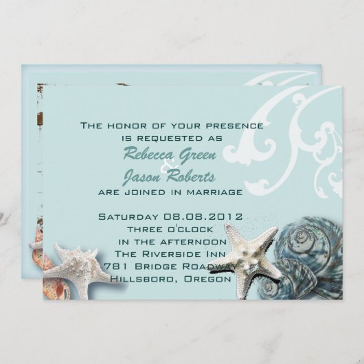エレガントな木製 青い海の貝殻 ビーチウェディング 招待状 (正面/裏面)